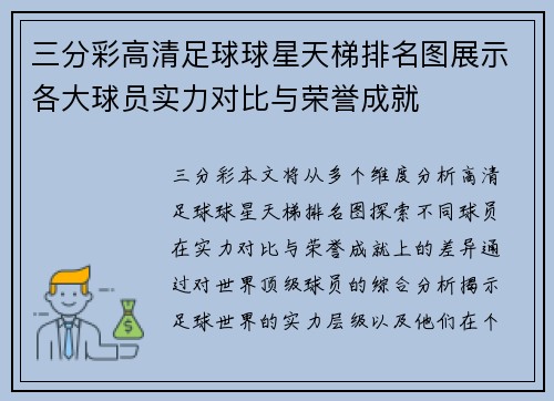 三分彩高清足球球星天梯排名图展示各大球员实力对比与荣誉成就