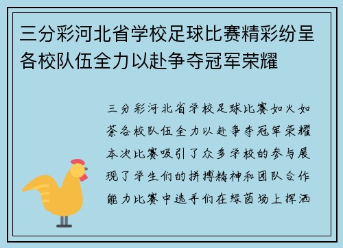 三分彩河北省学校足球比赛精彩纷呈各校队伍全力以赴争夺冠军荣耀