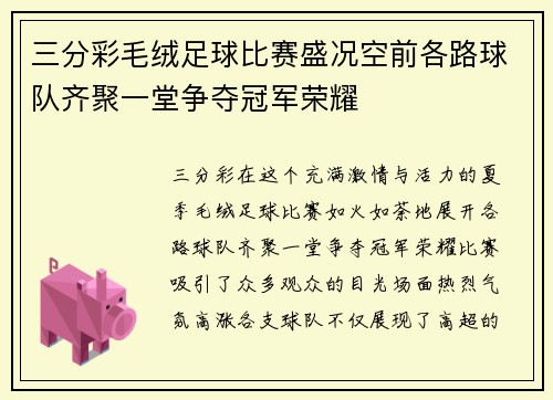 三分彩毛绒足球比赛盛况空前各路球队齐聚一堂争夺冠军荣耀