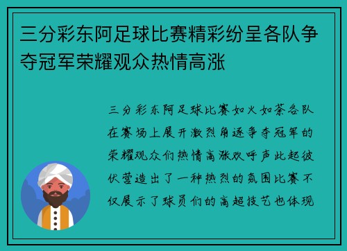 三分彩东阿足球比赛精彩纷呈各队争夺冠军荣耀观众热情高涨